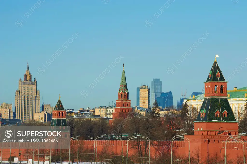 Russia, Moscow, the Kremlin Wall and the business center