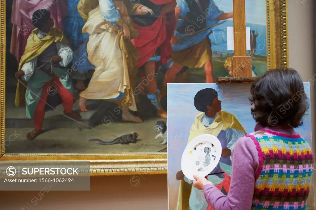 France, Paris, Louvre museum, Copyist paints Enlevement de Helene by Guido Reni