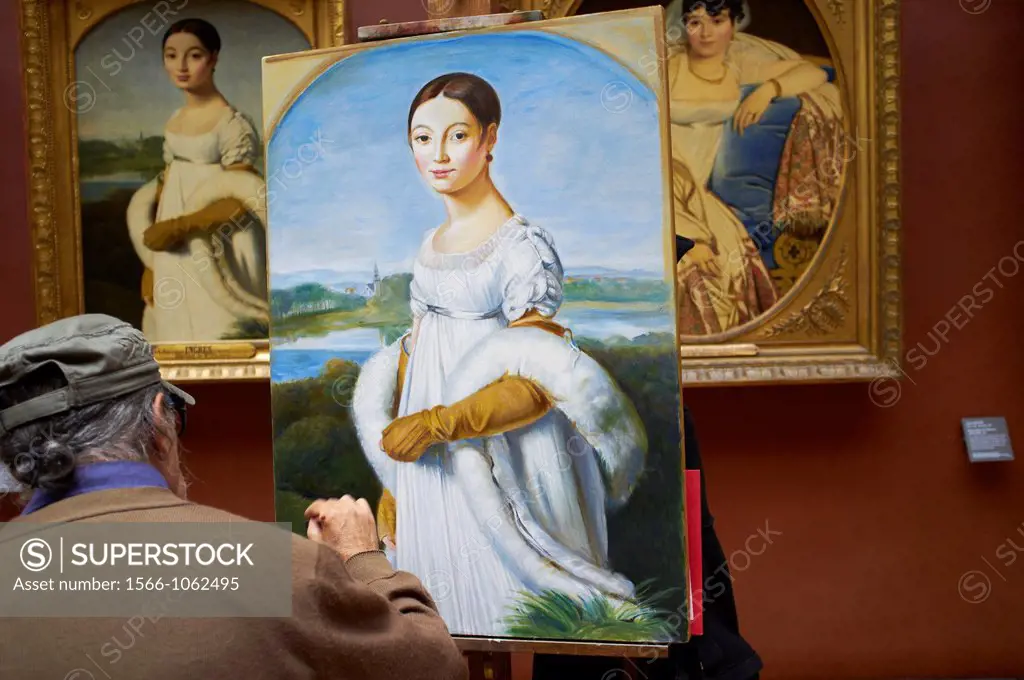 France, Paris, Louvre museum, M Dagher, French copyist paints Mademoiselle Caroline Rivière de Jean Auguste Dominique Ingres