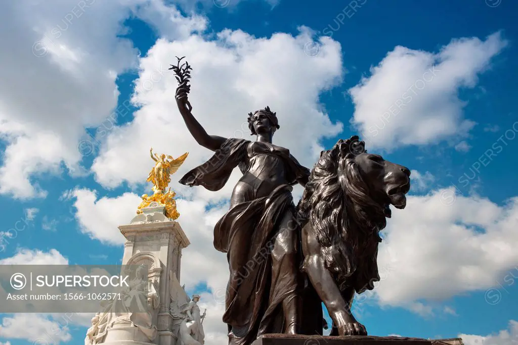 Victoria Memorial fountain statues at Buckingham Palace, London, England