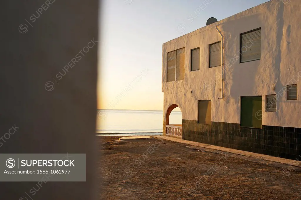 houses at Santa Pola beach, Salinas de Santa Pola Nature Reserve, Santa Pola, Alicante, Spain