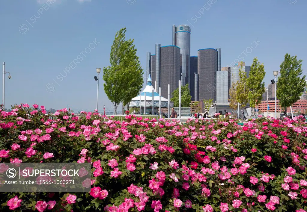 Detroit, Michigan - The Renaissance Center, headquarters of General Motors, photographed from William G  Milliken State Park, along the Detroit River