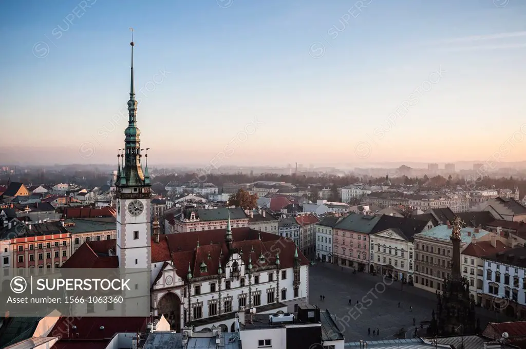 Rooftop view from Church of Saint Maurice to Horni Nam sqaure and Olomoucká radnice - Town Hall building, Olomouc, Czech Republic