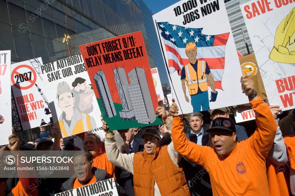 Construction workers rally at Ground Zero in front of 7 World Trade Center in New York Construction workers, joined by elected officials and community...