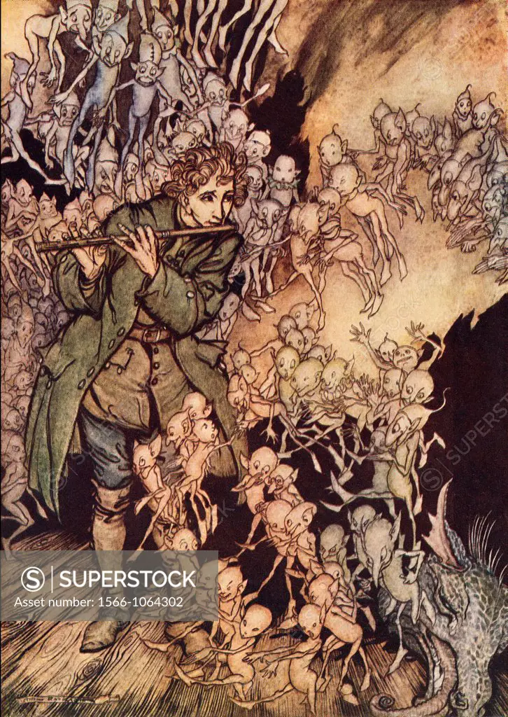He played until the room was entirely filled with gnomes  Illustration by Arthur Rackham from Grimm´s Fairy Tale, The Gnome, published late 19th centu...