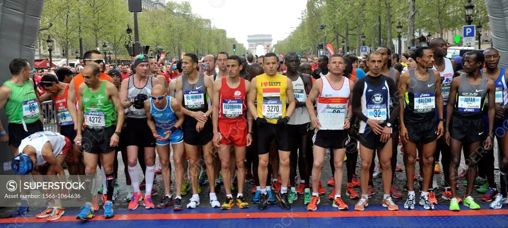France,Paris,36 ème marathon of Paris,Apr 15,2012 Group of Runners getting ready at starting line