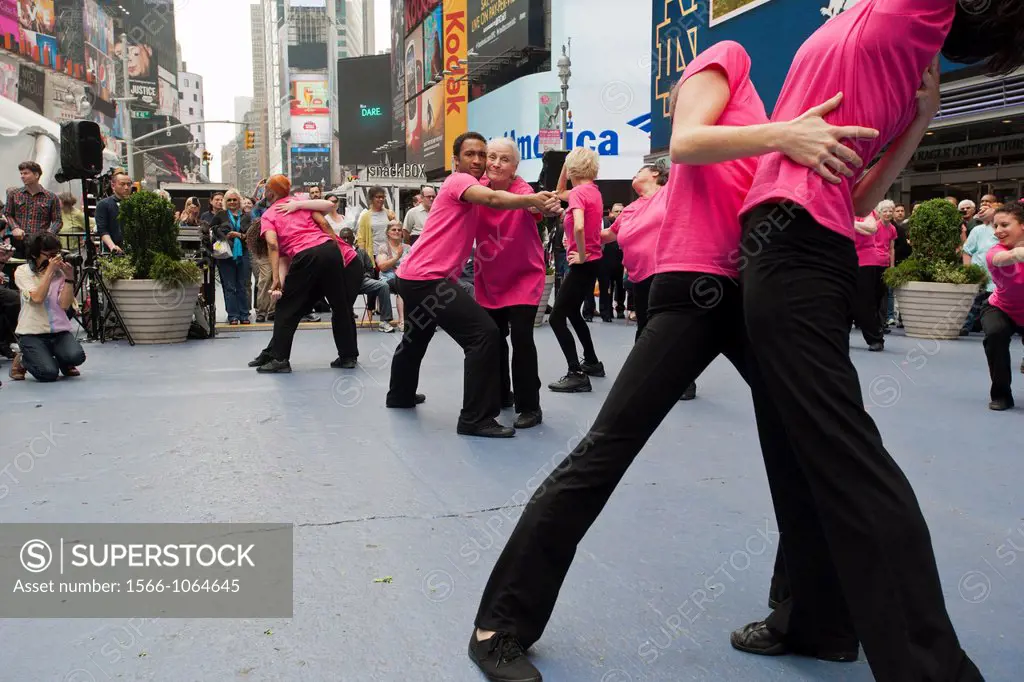 Senior citizens and experienced dancers perform the premiere of ROUNDUP, choreographed by Naomi Goldberg Haas, in Times Square in New York Almost a do...