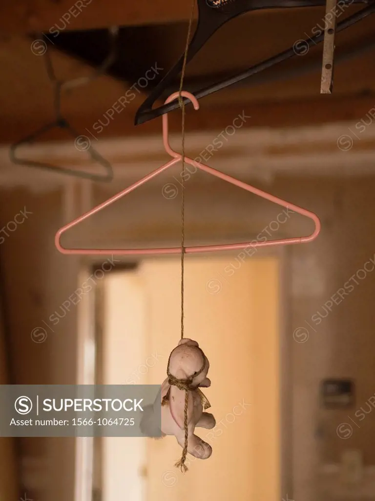 Buny toy hung by noose in garage as a parking indicator to stop inside of a foreclosed home in Fresno, California, United States