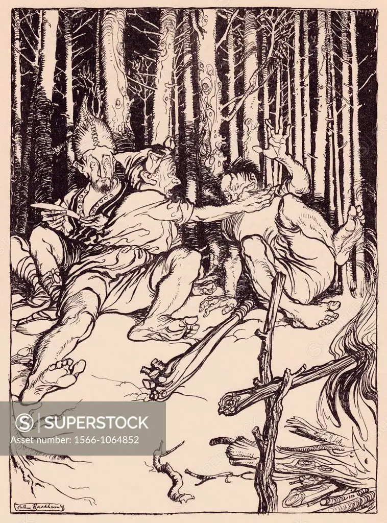 The giant gave the one who was sitting next to him a box on the ear  Illustration by Arthur Rackham from Grimm´s Fairy Tale, The Skilful Huntsman