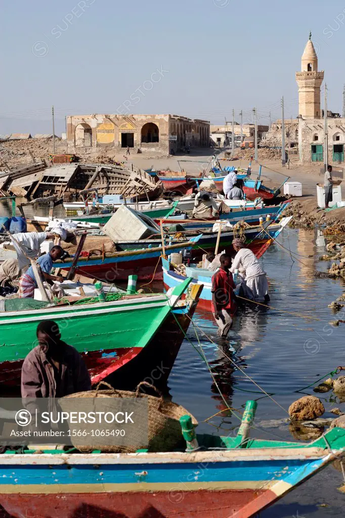 Fishermen and fisherboats in the harbor of Suakin, Red Sea, Sudan, East Africa