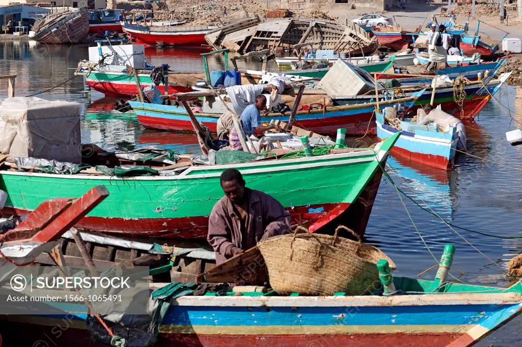 Fishermen and their boats in Suakin, Sudan, East Africa