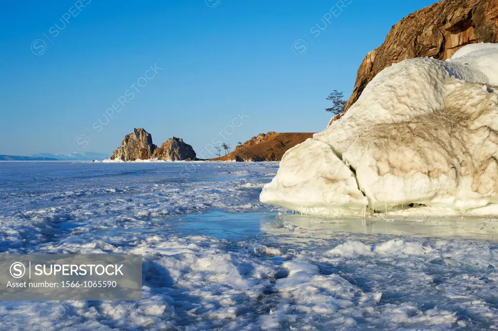 Russia, Siberia, Irkutsk oblast, Baikal lake, Maloe More little sea, frozen lake during winter, Olkhon island, Shaman rock