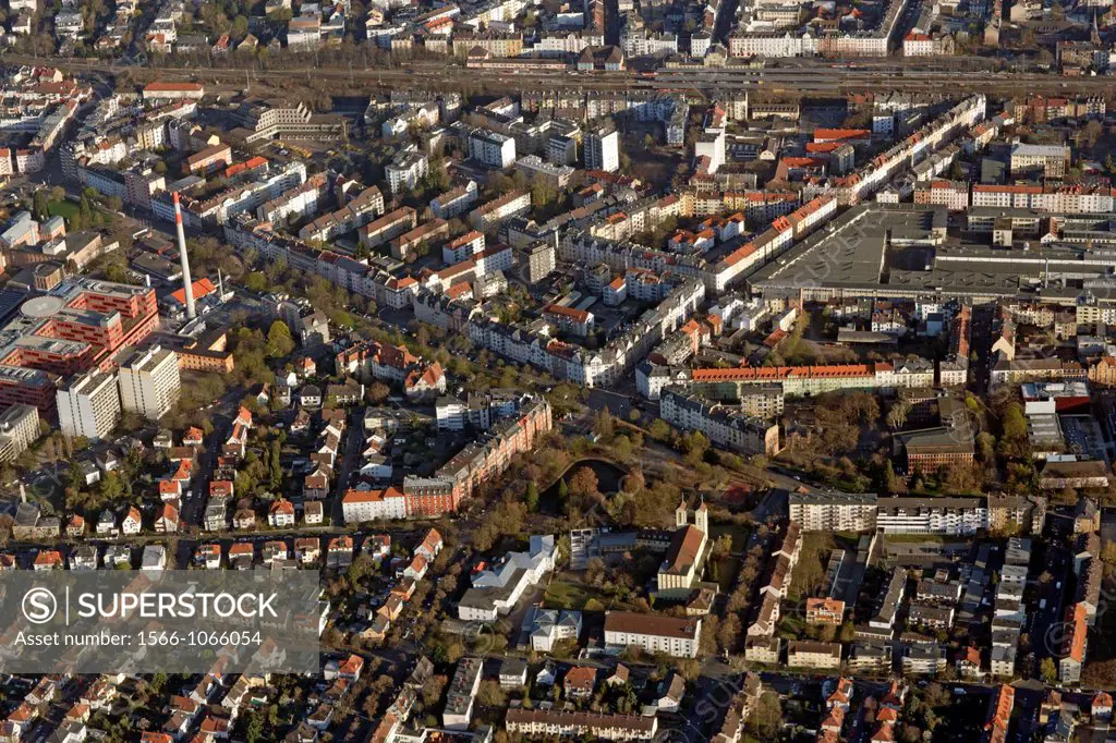 Streets and houses seen from above, Frankfurt, Germany, Europe