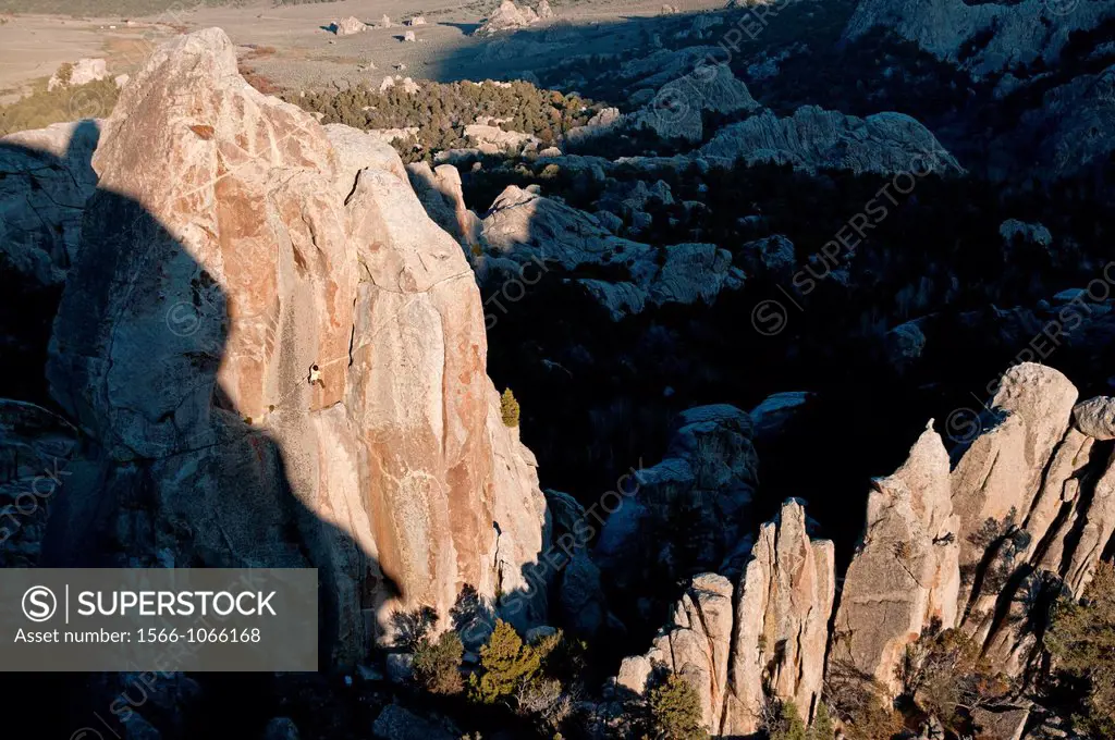 Rock climbing a route called Strategic Defense which is rated 5,11 and located on Morning Glory Spire at The City Of Rocks National Reserve near the t...
