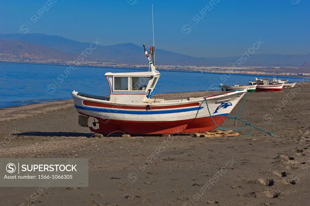 San Miguel de Cabo de Gata, Fishing boat, Beach, Cabo de Gata-Nijar Natural Park, Almeria, Spain, Europe.