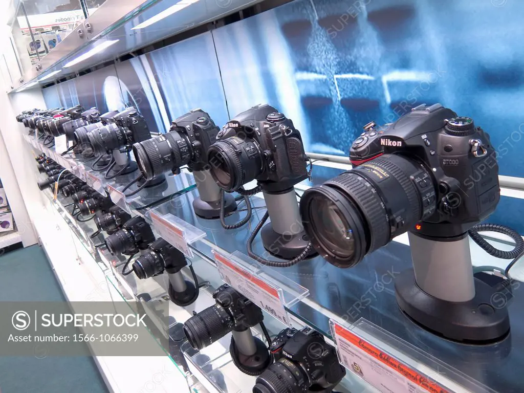 Rows of digital SLR cameras for sale in the FNAC outlet, La Cañada shopping centre, Marbella, Malaga Province, Costa del Sol, southern Spain