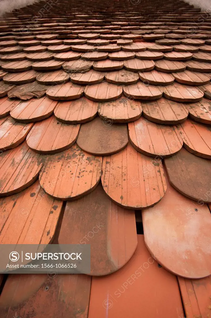 Tiles of protection in a roof. House in Vilnius. Lithuania, Baltic States.