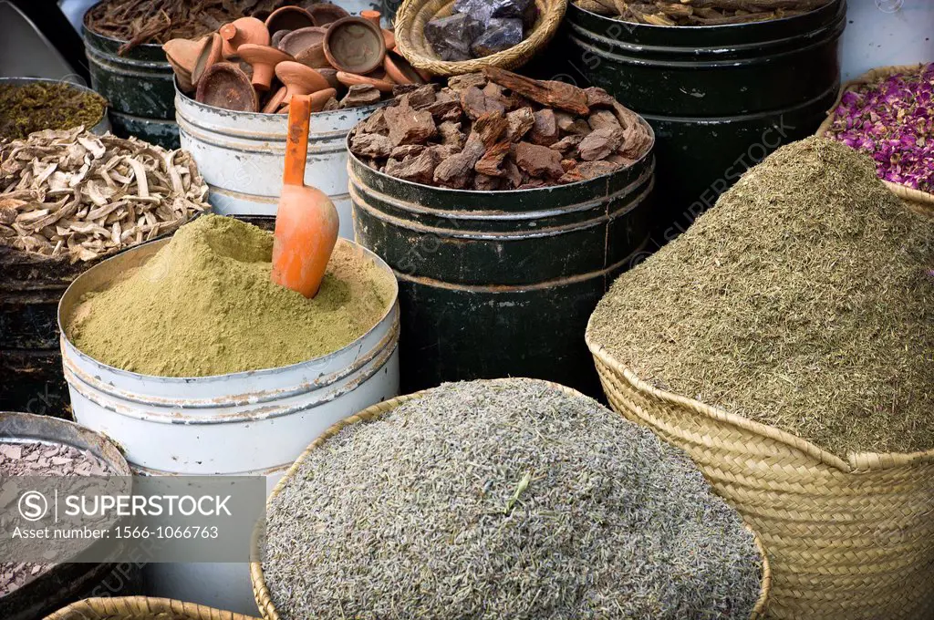 recipientes de especias y hierbas aromaticas en la medina, mercado de marrakech, marruecos, spices containers and aromatic herbs in the medina, market...
