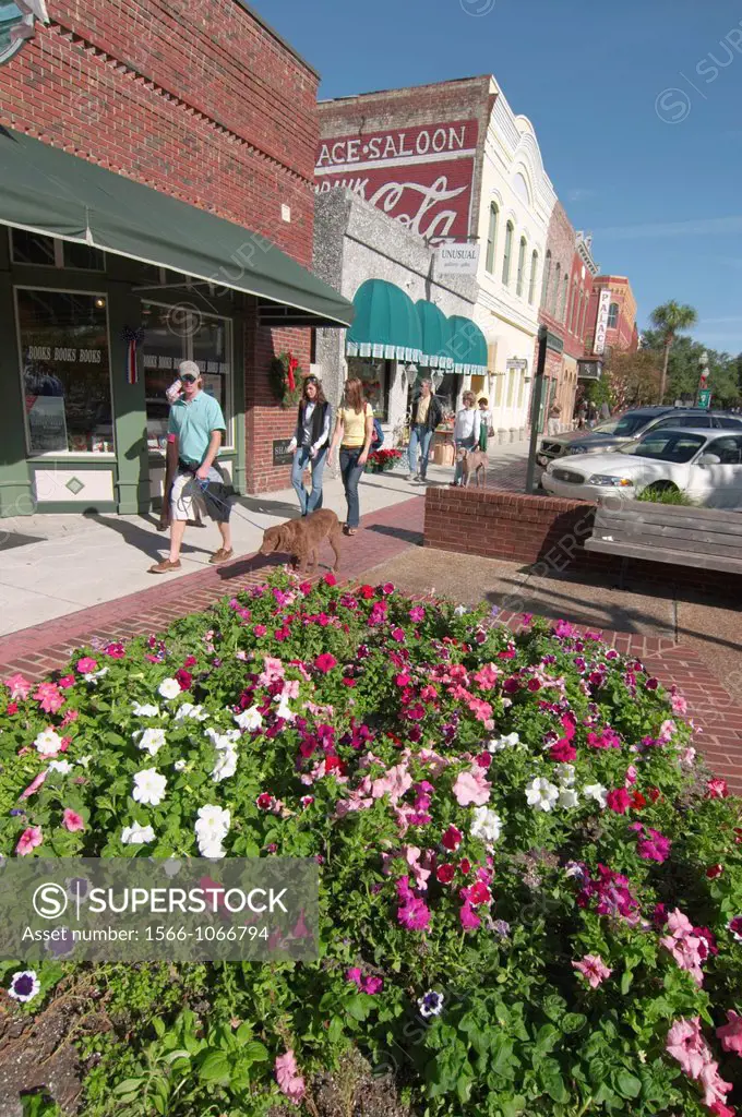 Tourists on Centre Street in historic district of Fernandina Beach on Amelia Island in Florida  Listed on the National Register of Historic Places