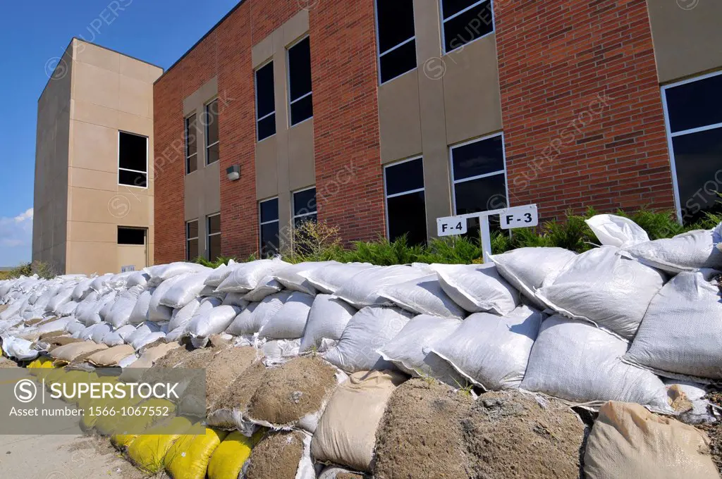 Sandbags placed to prevent rain flooding Pierre South Dakota
