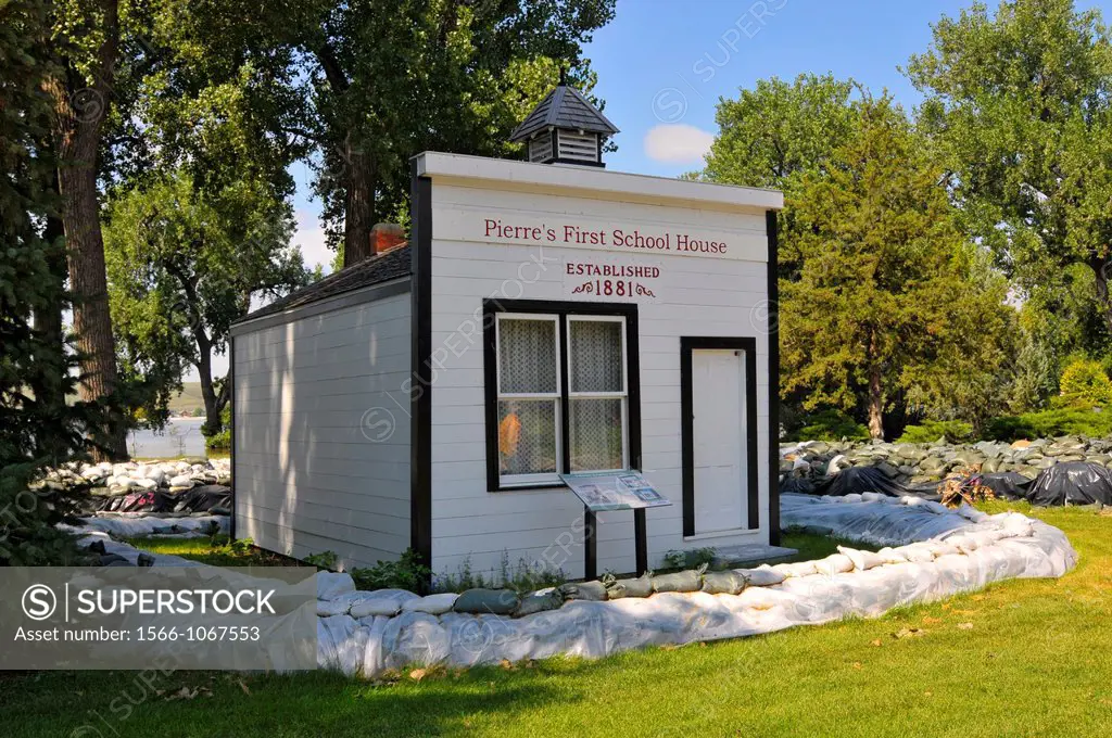 Pierre First School House Sandbags placed to prevent rain flooding Pierre South Dakota