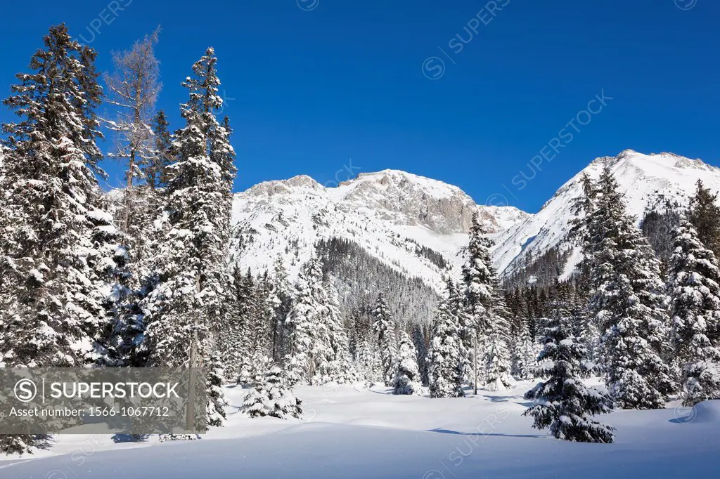 Valley Gaistal with snow during deep winter in Tyrol, Austria View towards the mountain crest of the Wetterstein Mountain range with Hochwanner in the...