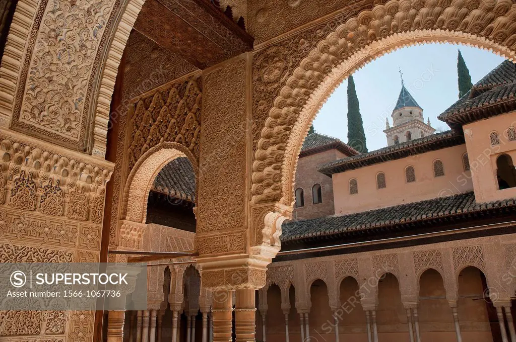 Courtyard of the Lions, The Alhambra, Granada, Spain,