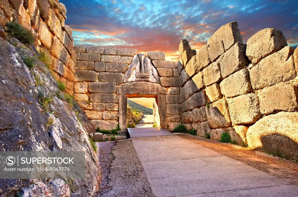 Mycenae Lion Gate & citadel walls built in 1350 B C and known as cyclopean style walls due to the vast size of the blocks it was assumed by visitors i...