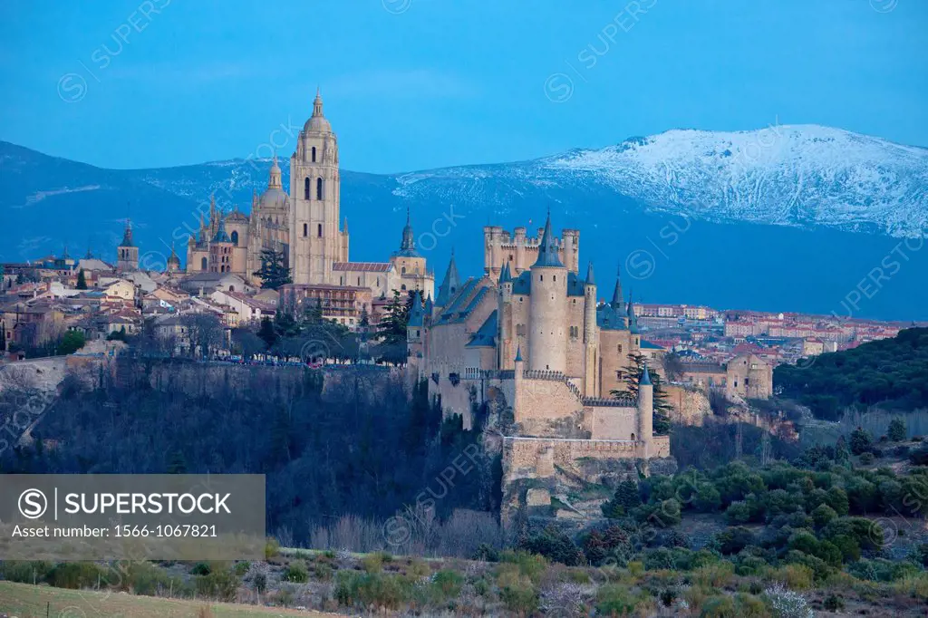Spain , Castilla Leon Region , Segovia City, The Alcazar Castle , the Cathedral and Guadarrama Mountain W H