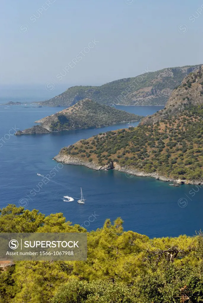 Lycian coast around Kayakoy with Saint Nicolas island background, Turkey, Eurasia
