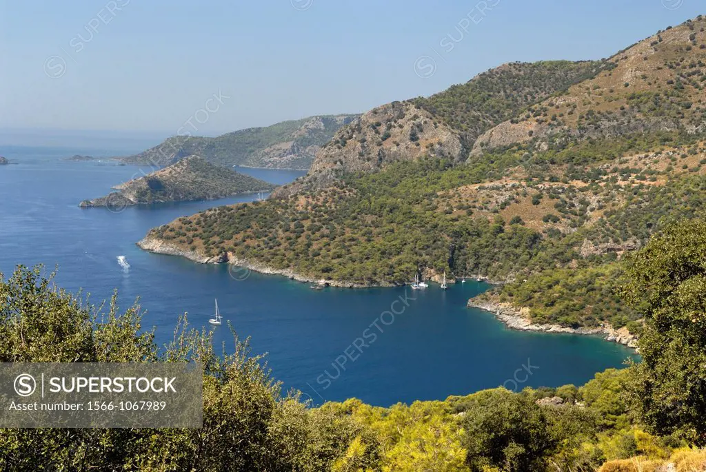 Lycian coast around Kayakoy with Saint Nicolas island background, Turkey, Eurasia