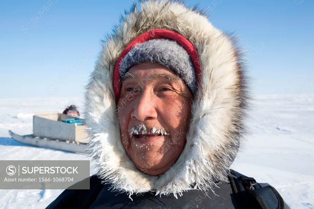 Portrait of an ´Eskimo´ Gojahaven is a town in the far north of canada where 1000 IInuits are living old man, man, old age, aged, age, pensioner, gr...