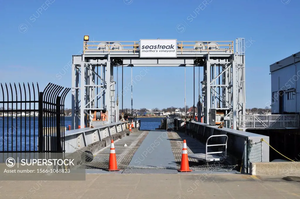 The loading and unloading dock for the New Bedford to Martha´s Vineyard high speed catamaran ferry. The vessel travels from New Bedford Massachusetts ...