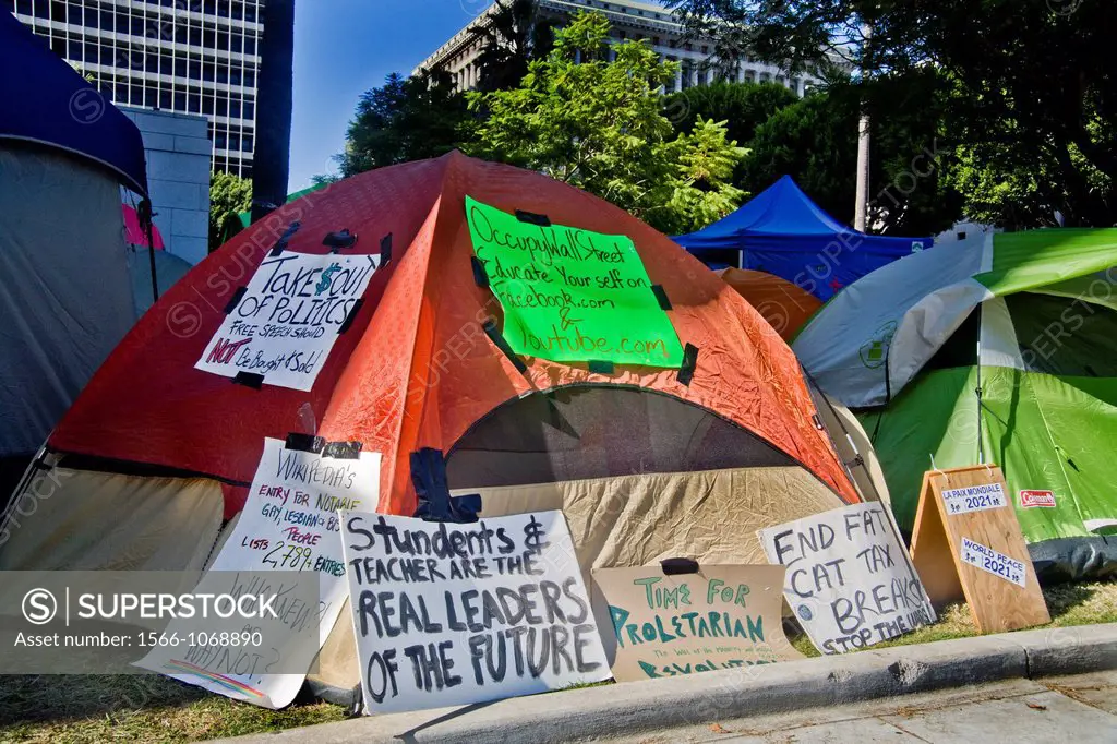 Tents of the Occupy Wall Street protest encampment at Los Angeles City Hall in October, 2011  Note sign saying ´Students and Teachers Are the Real Lea...