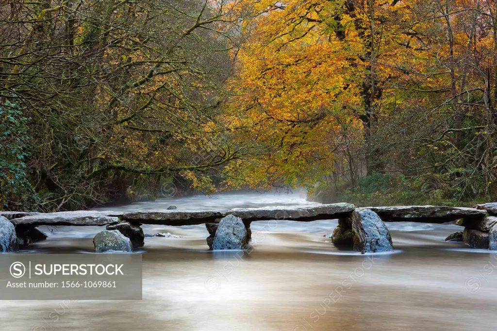 The Tarr Steps are a prehistoric clapper bridge across the River Barle in the Exmoor National Park, Somerset, England