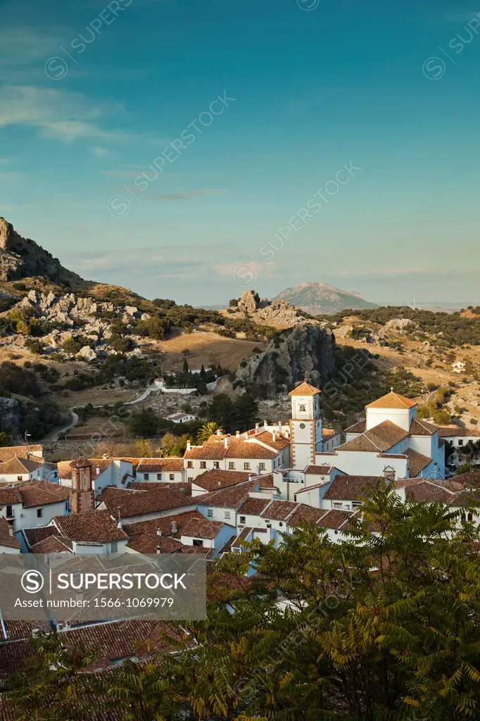 Spain, Andalucia Region, Cadiz Province, Grazalema, elevated view of an Andalucian white village, late afternoon