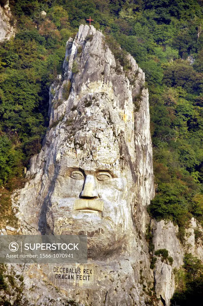 Romania, Monument to King Decebalus in the Iron Gate Gorge of the Danube River, near Orsova