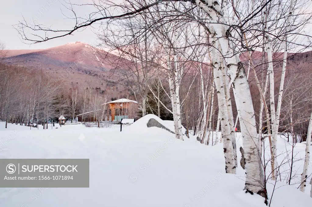 Franconia Notch State Park - HDR of Flume Visitor Center during the winter months in the White Mountains, New Hampshire USA  Off in the distance is Mo...
