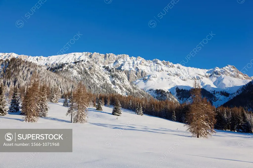 Valley Gaistal with snow during deep winter in Tyrol, Austria View towards the mountain crest of the Wetterstein Mountain range Valley Gaistal is duri...