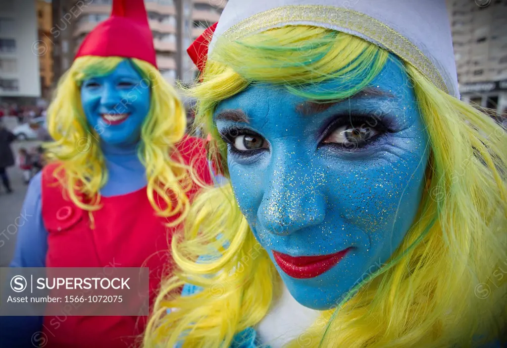 Girls Smurf in the carnival parade  Malaga, Andalusia, Spain, Europe