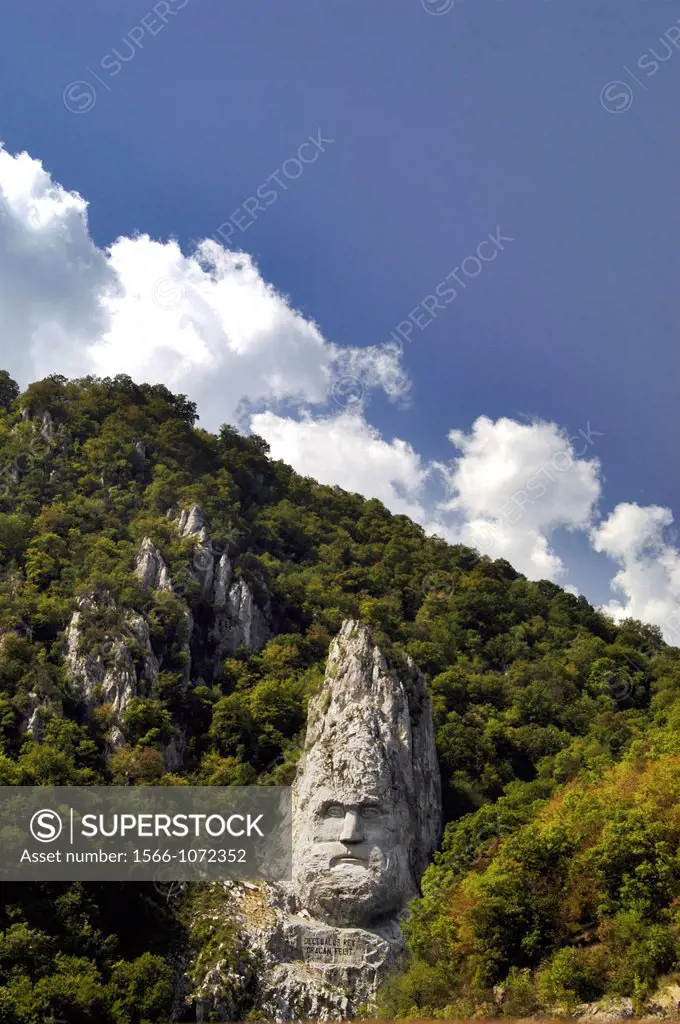 Romania, Monument to King Decebalus in the Iron Gate Gorge of the Danube River, near Orsova