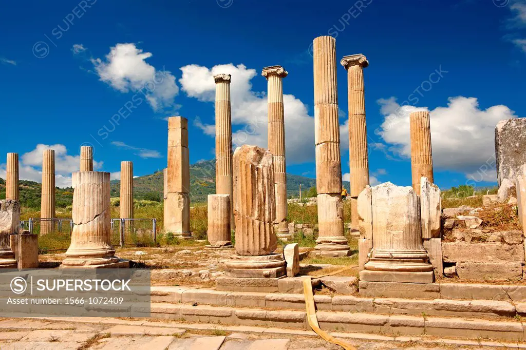 Columns around the sanctuary of Artimis with the Agora, Magnesia on the Meander arcaeological site, Turkey