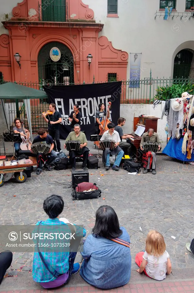 Traditional tango orchestra El Afronte playing at the San Telmo markets, Buenos Aires, Argentina