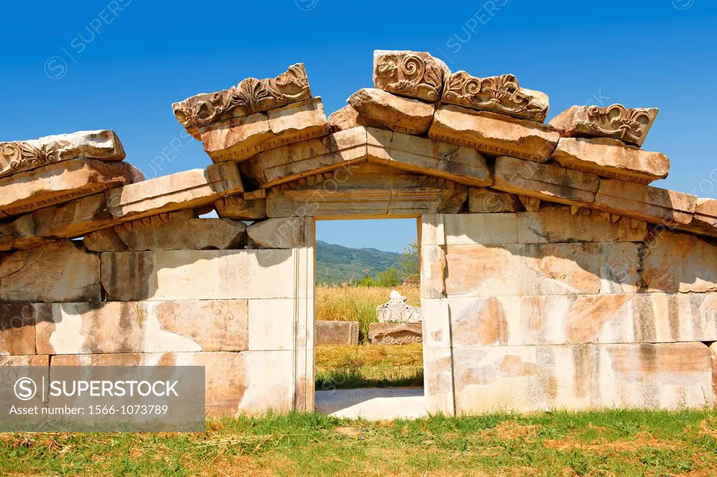 The Pediment of the Greek 3-2 cent B C Temple of Artimis, Magnesia on the Meander arcaeological site, Turkey