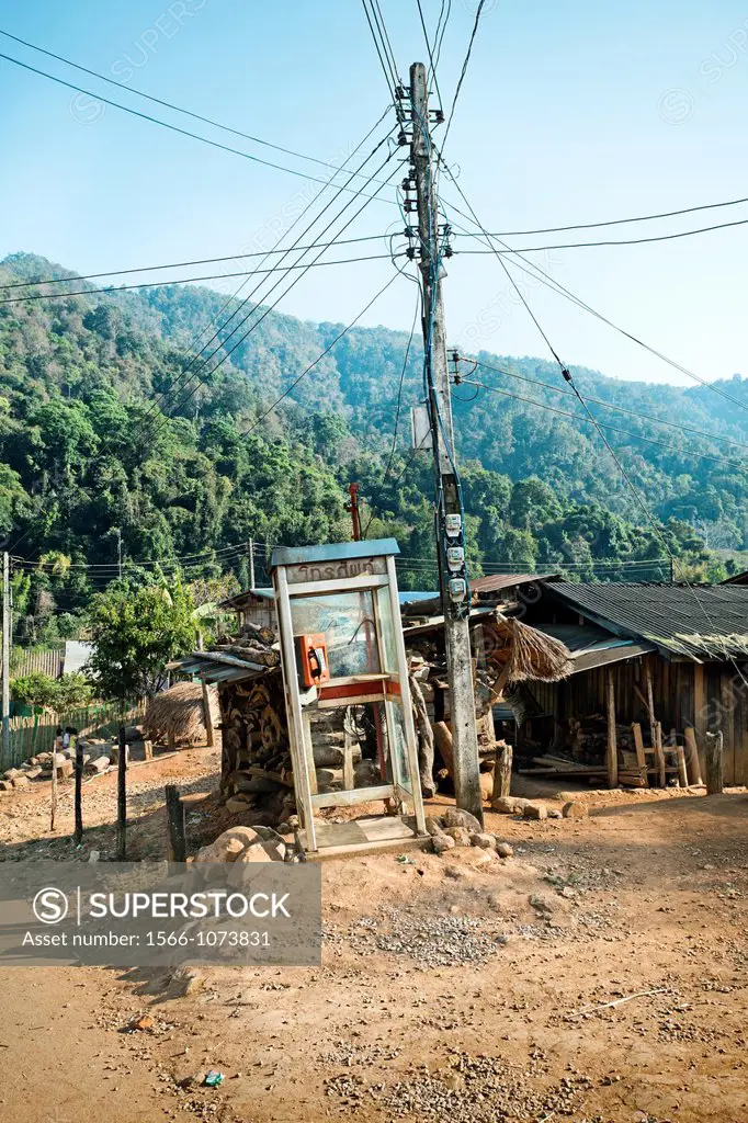 Telephone, Hmong hill tribe ´also called Meo´, Kiw Kran village near Chiang Khong, Chiang Rai Province, Thailand.