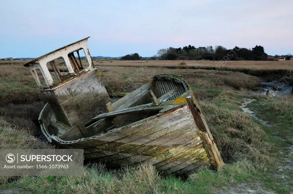 Wrecked Boat at Thornham, Norfolk, England, UK