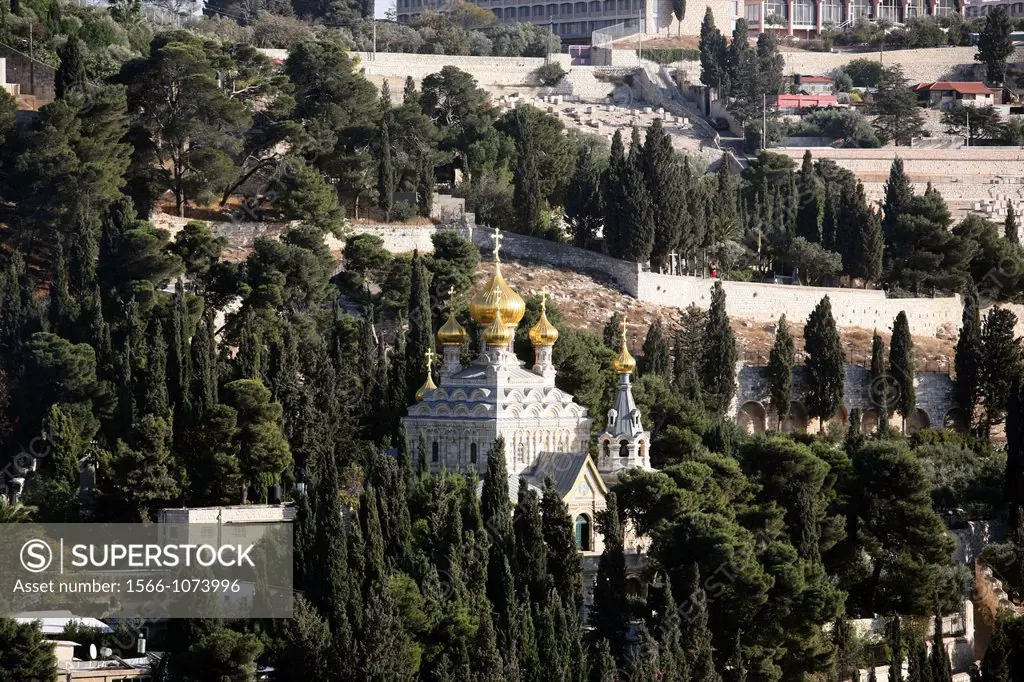 View of the Church of Mary Magdalene on the Mount of Olives, view from the old city of Jerusalem