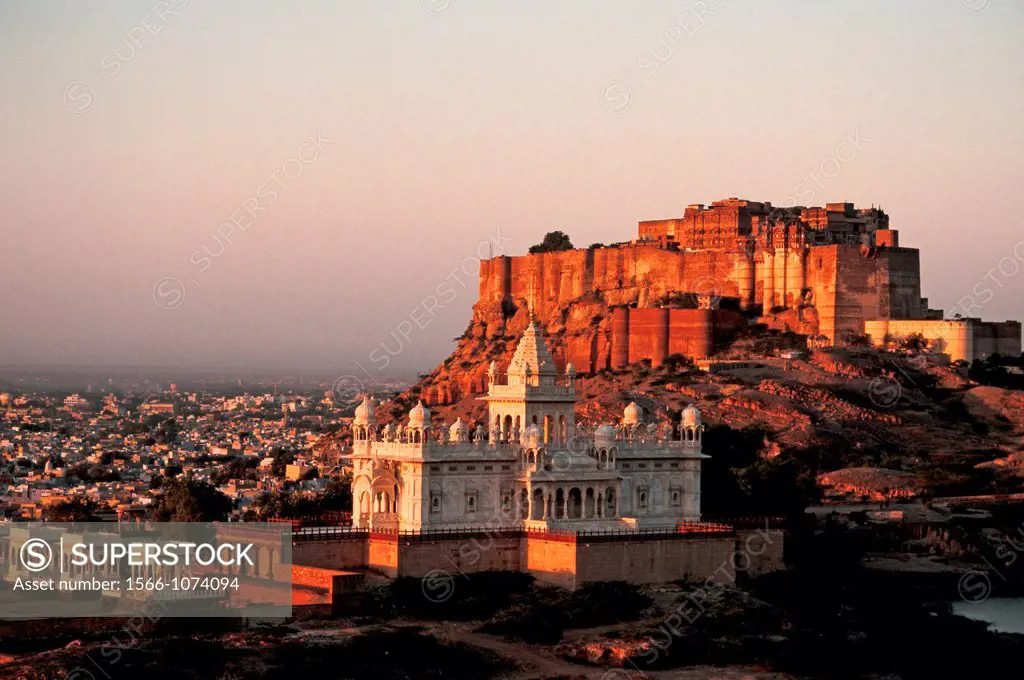 Jaswant Thada, the cenotaph of the maharajah Jaswant Singh II. In the background, the Mehrangarh fort. At Jodhpur, India.