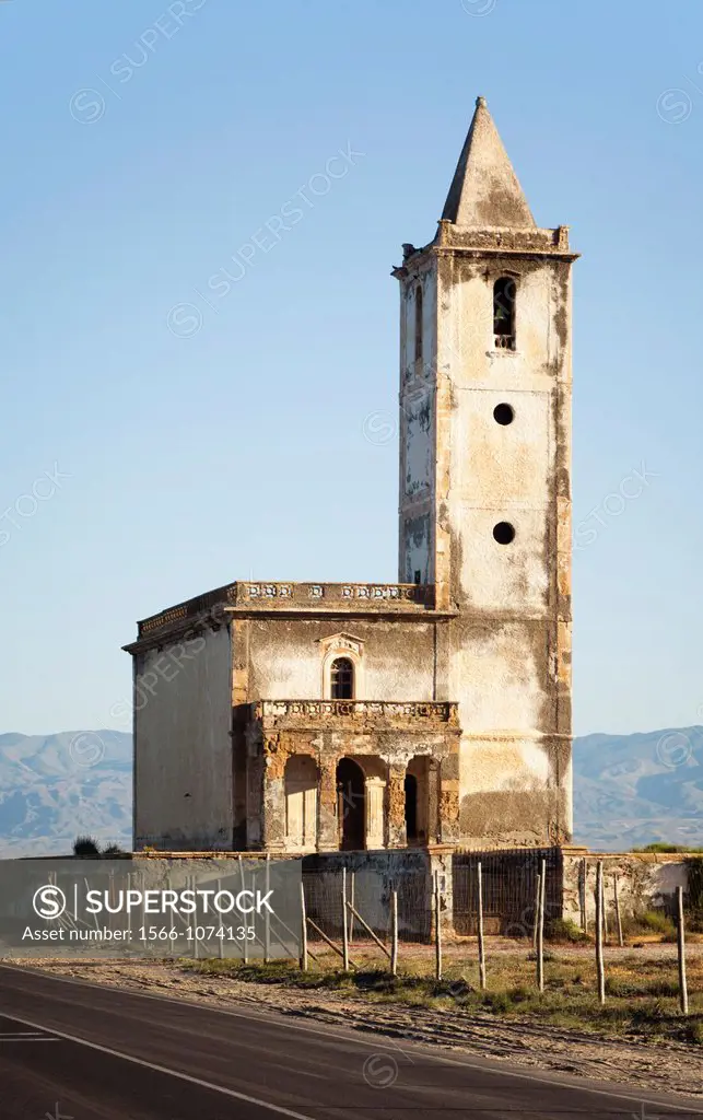 A landmark in the area, the Las Salinas Church is located in the town of Cabo de Gata near the Cabo de Gata-Ni­jar Natural Park in Almeria, Andalucia,...
