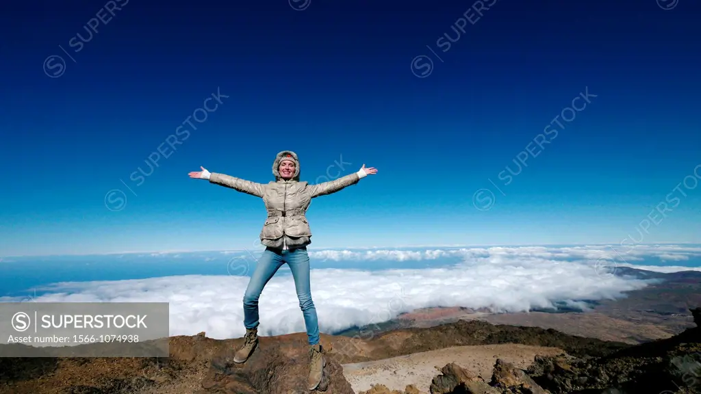 Woman at the top of Teide, Tenerife, Canary Islands, Spain